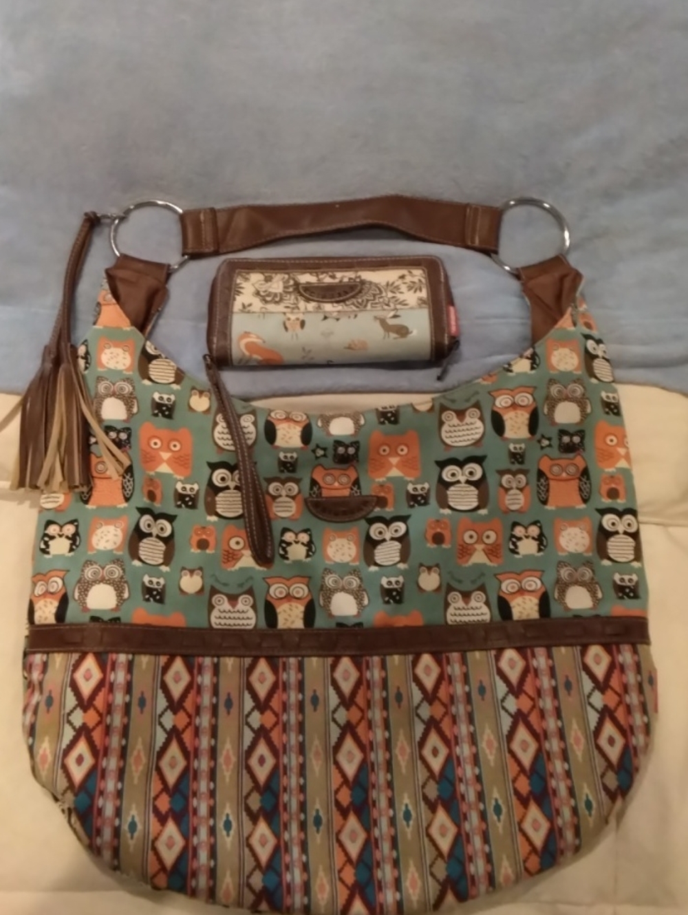 UnionBay Women’s Owl Print Tote Bag in Teal and Brown With Matching Wallet